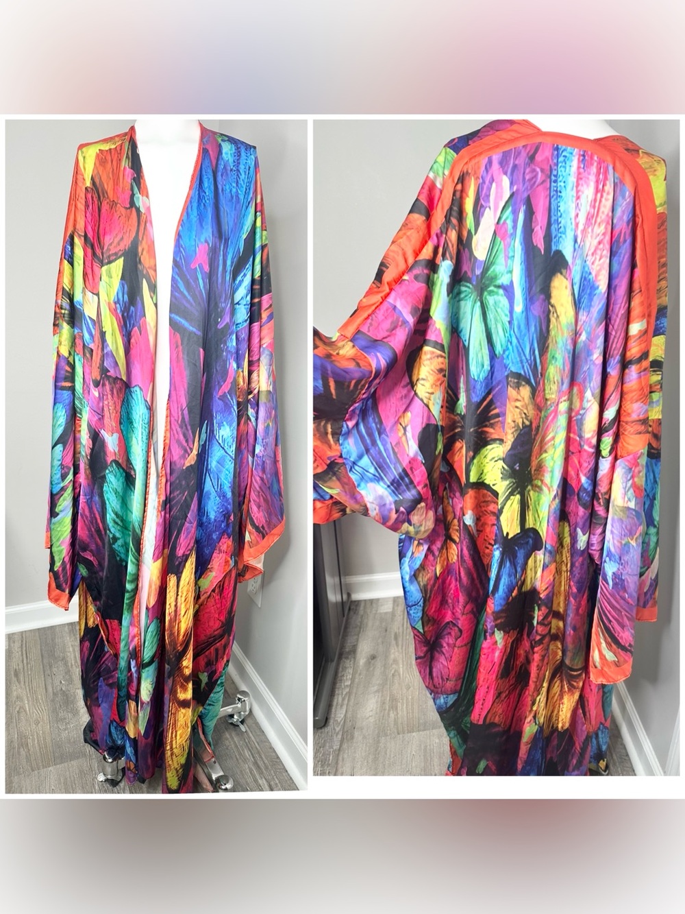 Vibrant Multicolor Feather-Print Swim duster Coverup Kimono-free size